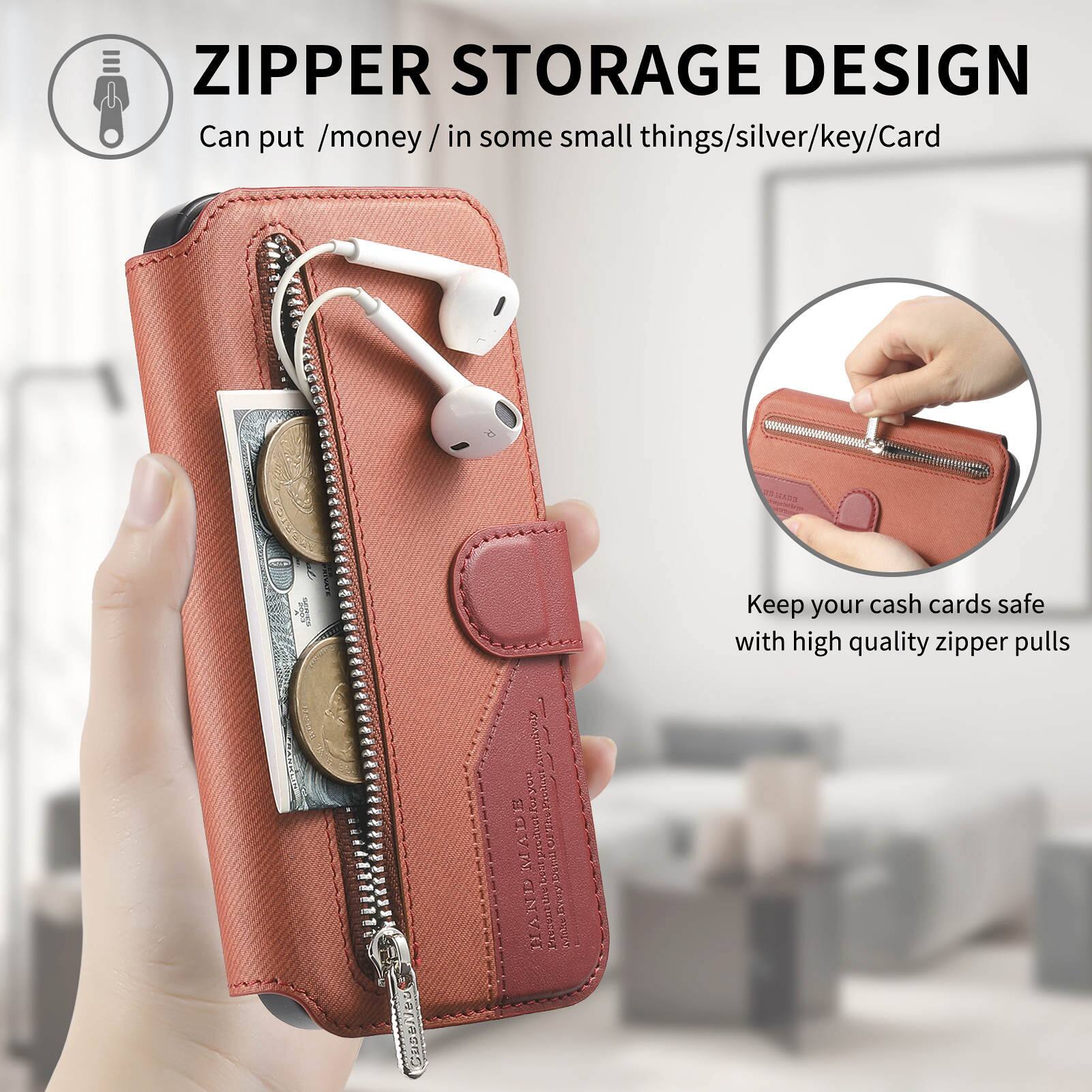 ZIPPER STORAGE DESIGN  
Can put /money / in some small things/silver/key/Card  
Keep your cash cards safe with high quality zipper pulls  
MADE HAND