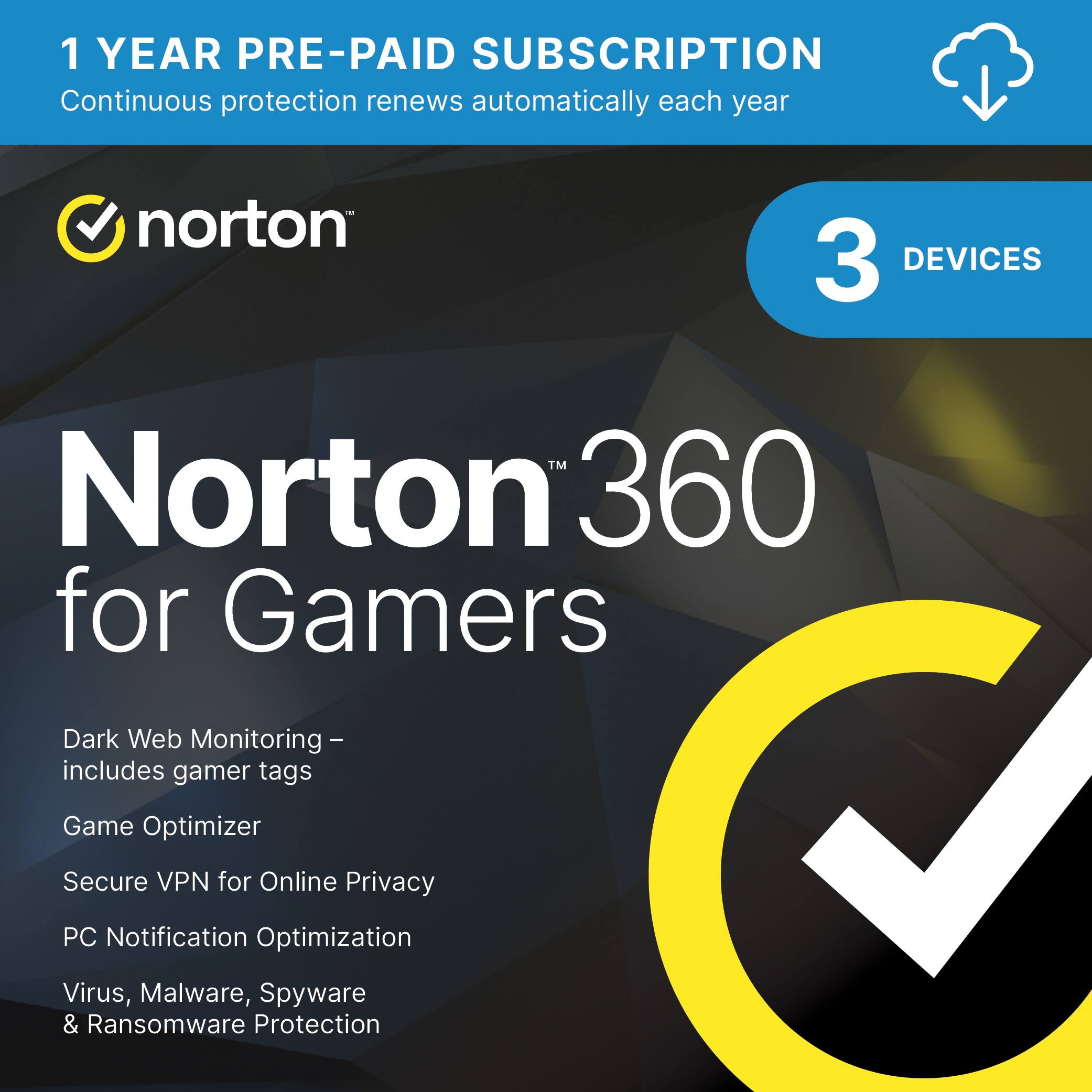 Norton 360 for Gamers offers a 1-year pre-paid subscription that automatically renews each year. The package includes protection for three devices and offers a range of features such as Dark Web Monitoring, Game Optimizer, Secure VPN for Online Privacy, PC Notification Optimization, Virus, Malware, Spyware & Ransomware Protection.