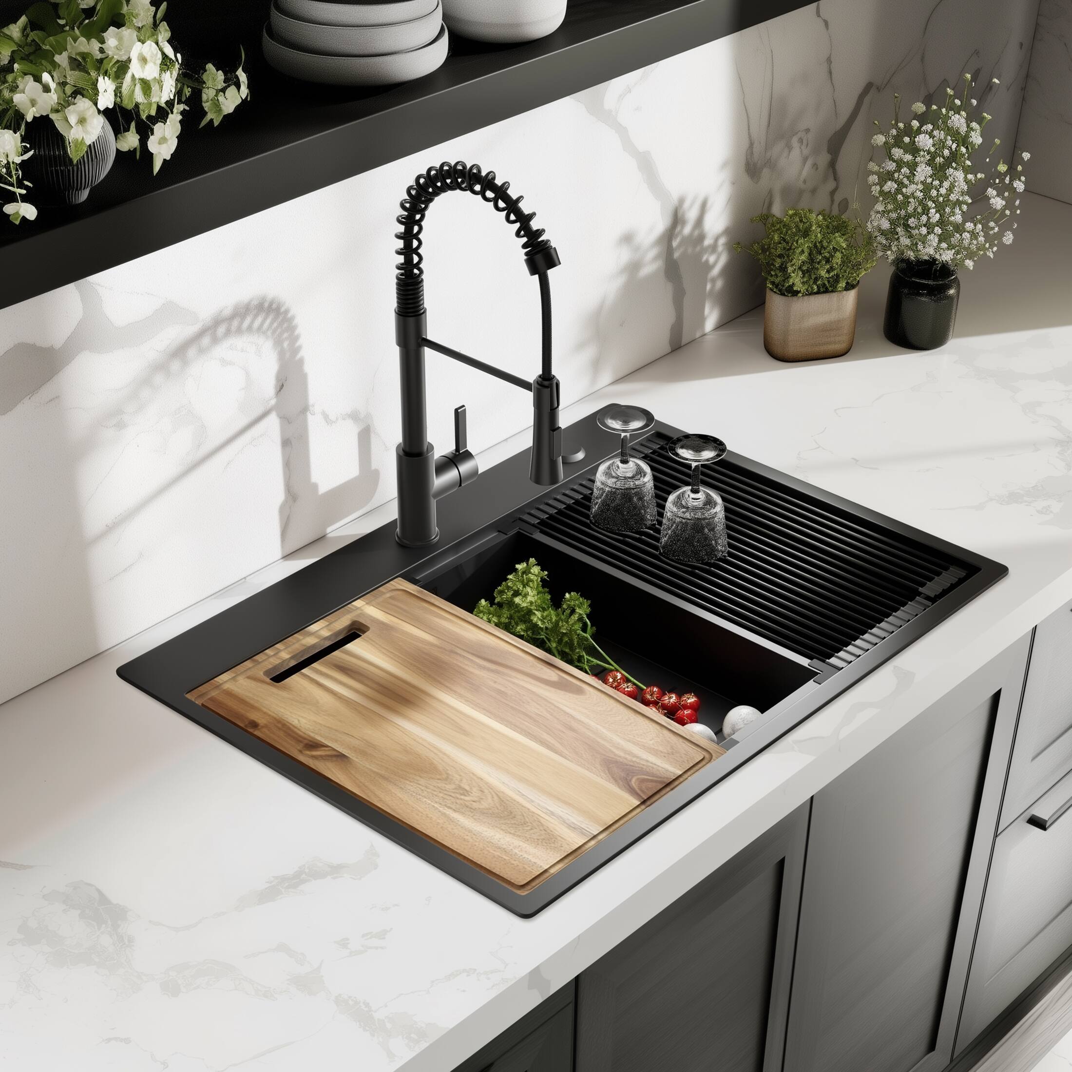 Angle. Siljoy - 33" Gunmetal Black Drop-In Sink 18 Gauge Single Bowl Topmount Stainless Steel Kitchen Sink with Spring Neck Faucet - Gunmetal Black.