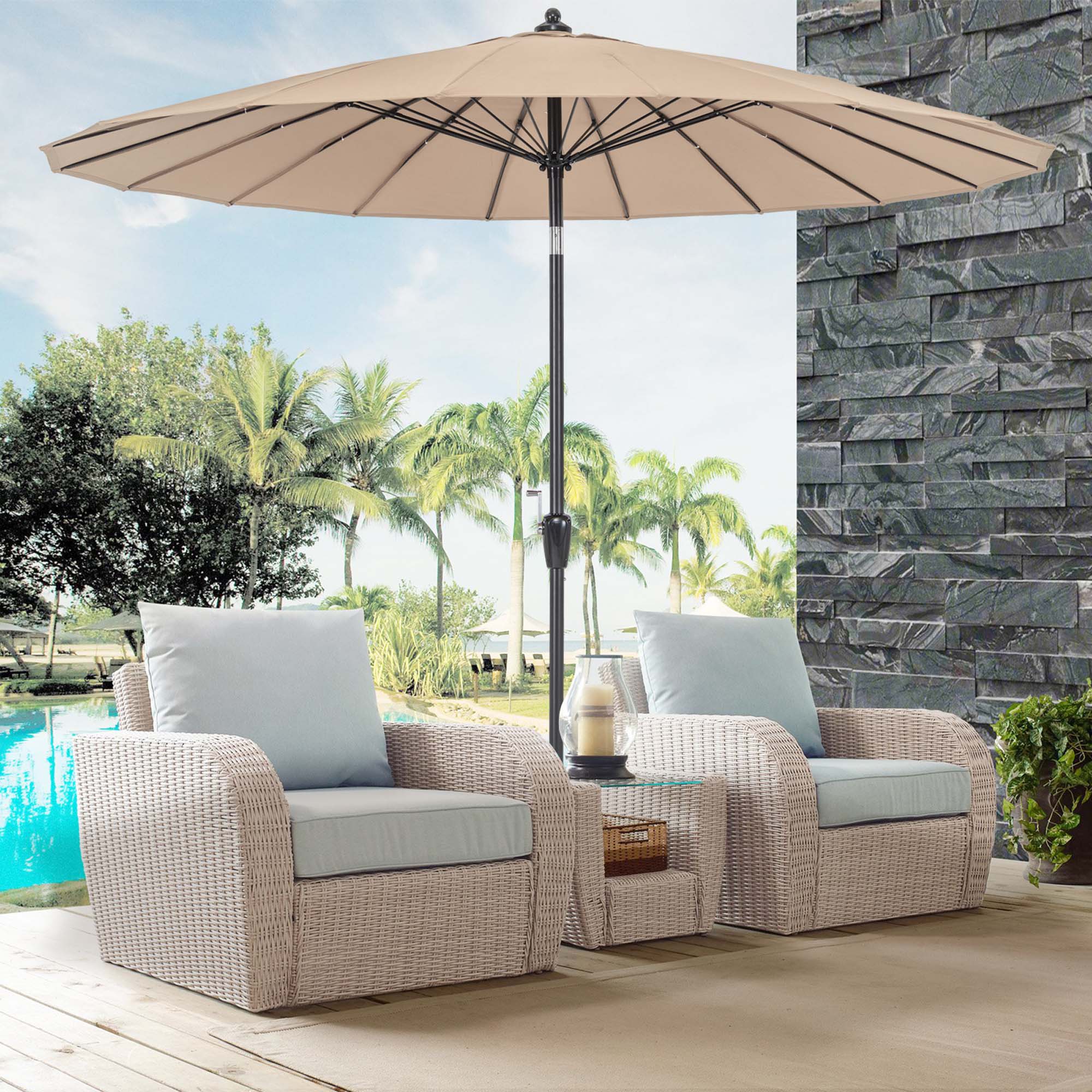 Alt View 1. Costway - 9 FT Patio Round Market Umbrella with Push Button Tilt, Crank Handle, Vented Top - Tan.