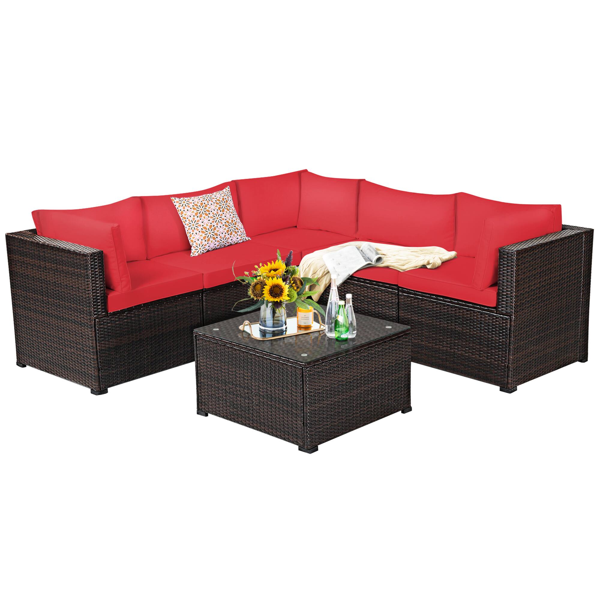 Alt View 1. Gymax - Gymax 6PCS Rattan Patio Sectional Sofa Conversation Set Outdoor w/ Red Cushions - Red.