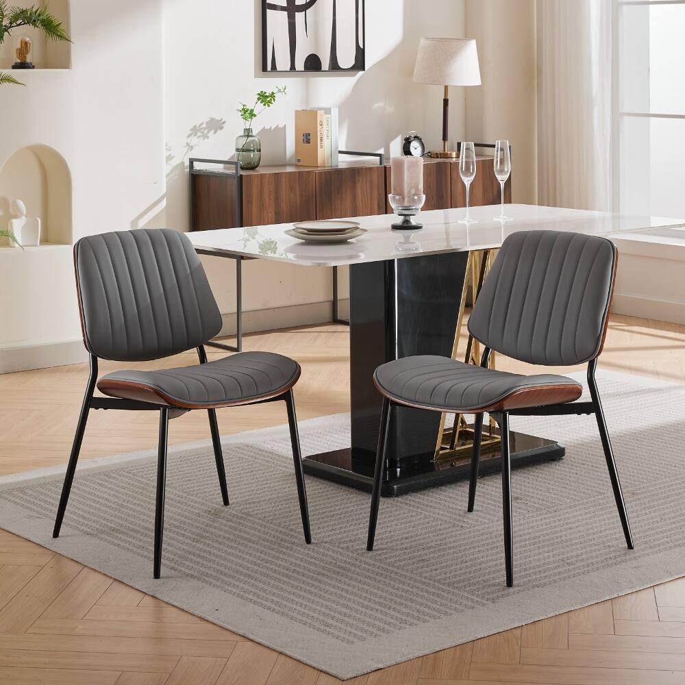 Alt View 9. Loheer - Loheer Mid-Century Dining Chairs Set of 2, Gray Faux Leather Walnut Bentwood Chairs with Metal Legs - Gray.