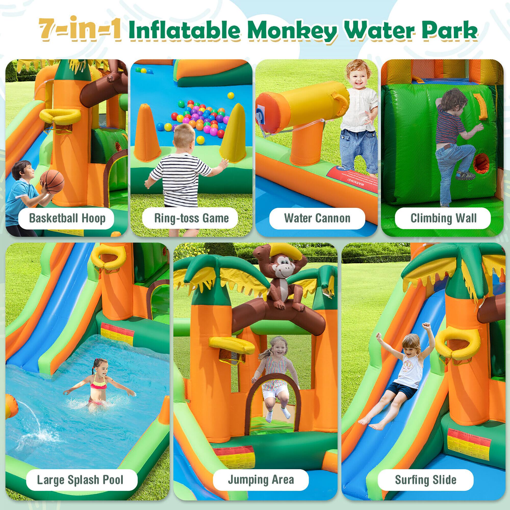 7-in-1 Inflatable Monkey Water Park

- Basketball Hoop
- Ring-toss Game
- Water Cannon
- Climbing Wall
- Large Splash Pool
- Jumping Area
- Surfing Slide