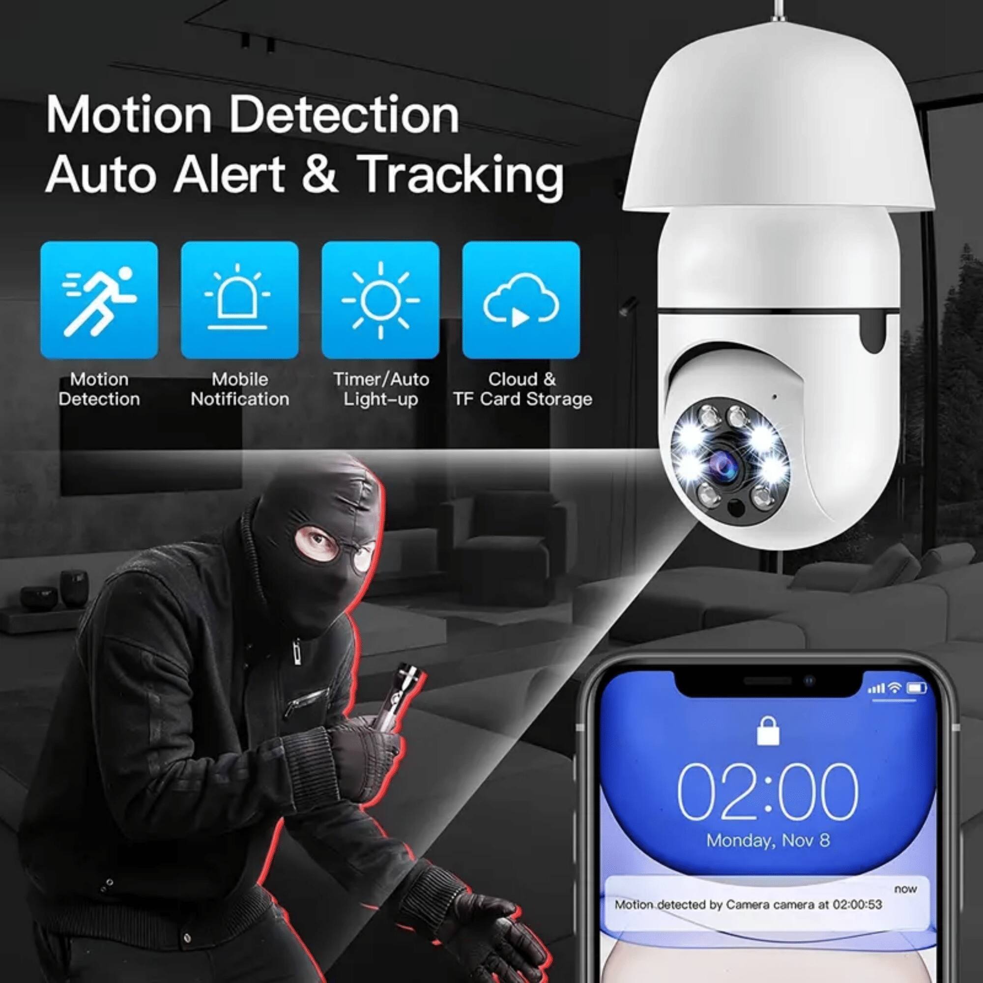 Motion Detection Auto Alert & Tracking

- Motion Detection
- Mobile Notification
- Timer/Auto Light-up
- Cloud & TF Card Storage

02:00 Monday, Nov 8

Motion detected by Camera camera at 02:00:53
