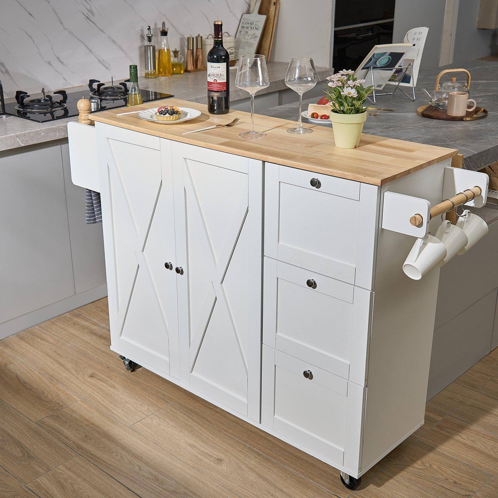 Alt View 1. Glintex - Kitchen Island Cart with Solid Wood Top, 45.3" Wide Mobile Storage Cabinet with Drop Leaf, Drawer, Spice and Towel Rack - White.