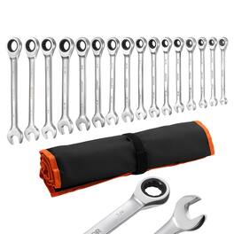 VEVOR - Combination Wrench Set, 16-Piece SAE Sizes, 72 Teeth, Cr-V Steel Ratcheting Wrench Set, with Roll Up Pouch, Open End - Silver