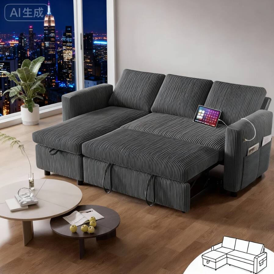 Dyonery - 81" L Shaped Pull Out Couches for Living Room with Storage Chaise, USB Port&Cupholder - Gray