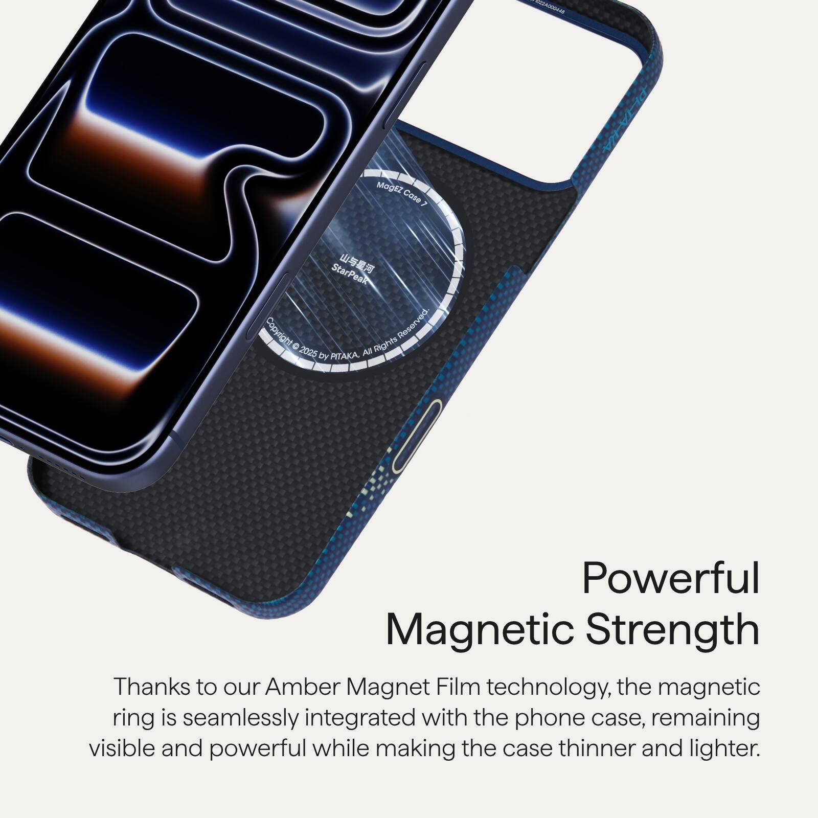 Sure, here is the corrected and grouped text:

---

**MXA MagEZ - Case 7 StarPeak**

**Copyright Reserved 0 2025 As Rights by PITAKA**

**Powerful Magnetic Strength**

Thanks to our Amber Magnet Film technology, the magnetic ring is seamlessly integrated with the phone case, remaining visible and powerful while making the case thinner and lighter.

---

**Note:** The "0 2025" in "Copyright Reserved 0 2025" seems to be a typo or placeholder. It might be intended to be "2025" or another year.