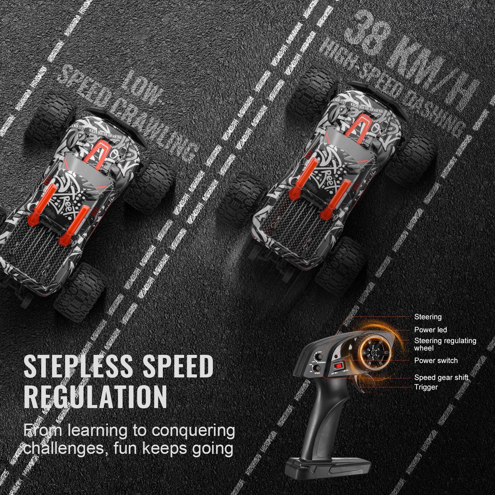 SPEED CRAWLING  
LOW  
38 KM/H  
HIGH-SPEED DASHING  

STEPLESS SPEED REGULATION  
From learning to conquering challenges, fun keeps going  

Steering  
Power led  
Steering regulating wheel  
Power switch  
Speed gear shift  
Trigger