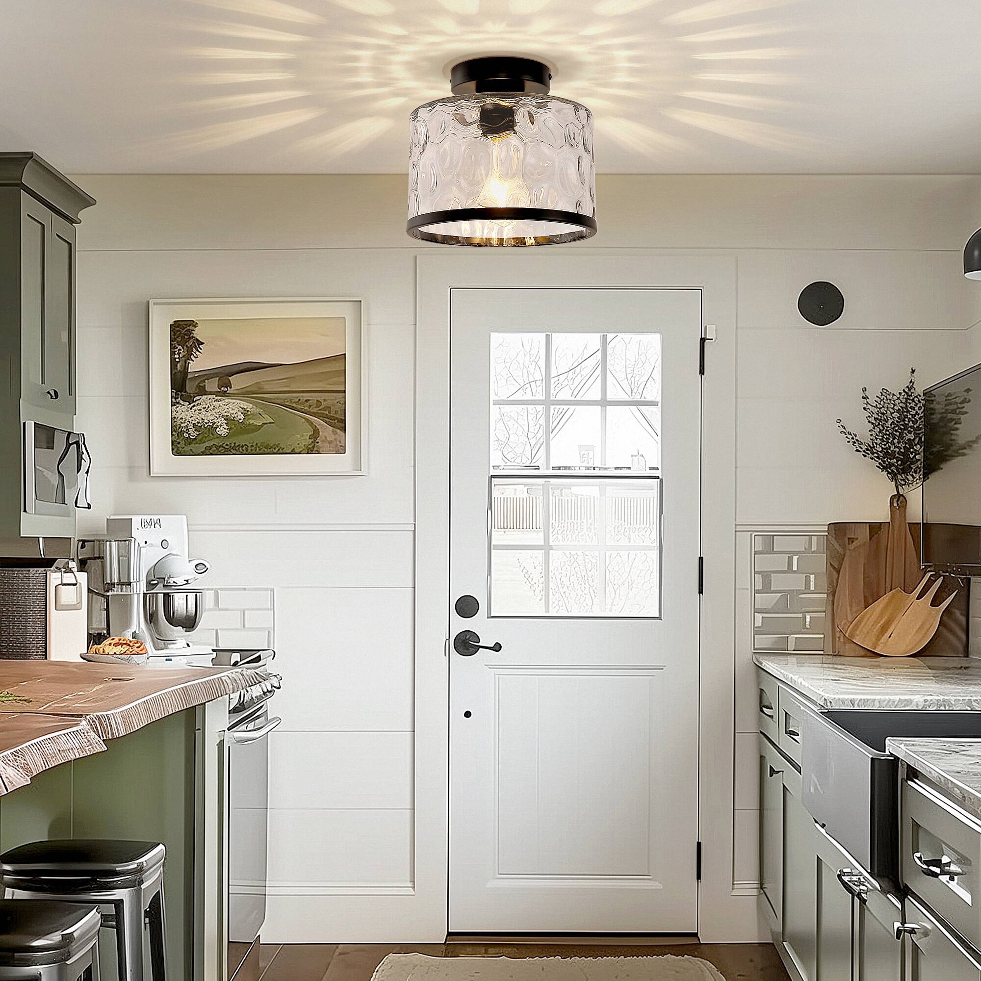 Back. Jandcase - JANDCASE 1-Light Black Semi-Flush Mount Ceiling Light, Wave Glass Shade, E26 Socket, Non-Integrated Bulbs, for Hallway - Black.