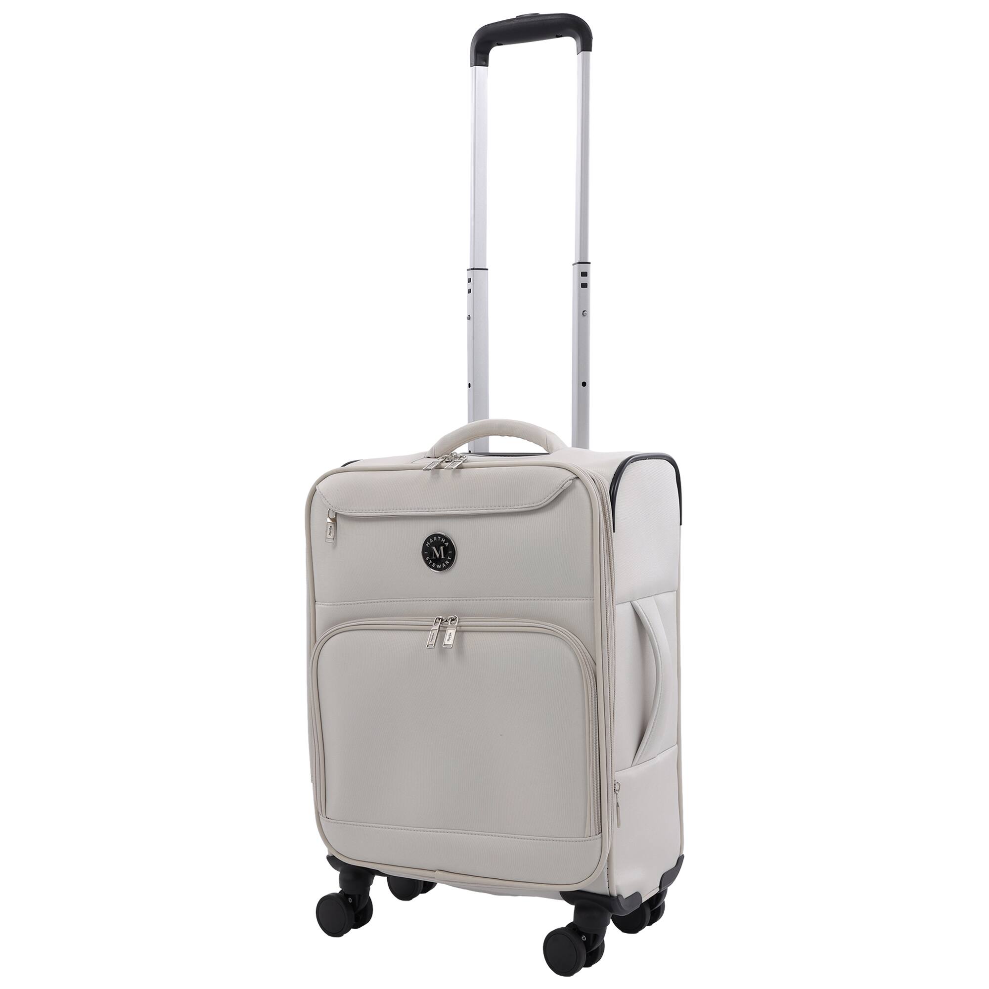 Angle. Martha Stewart - 22" Softside Carry-On Luggage – Expandable Spinner with 8 Wheels & Front Zip Pockets - LIGHT GREY.