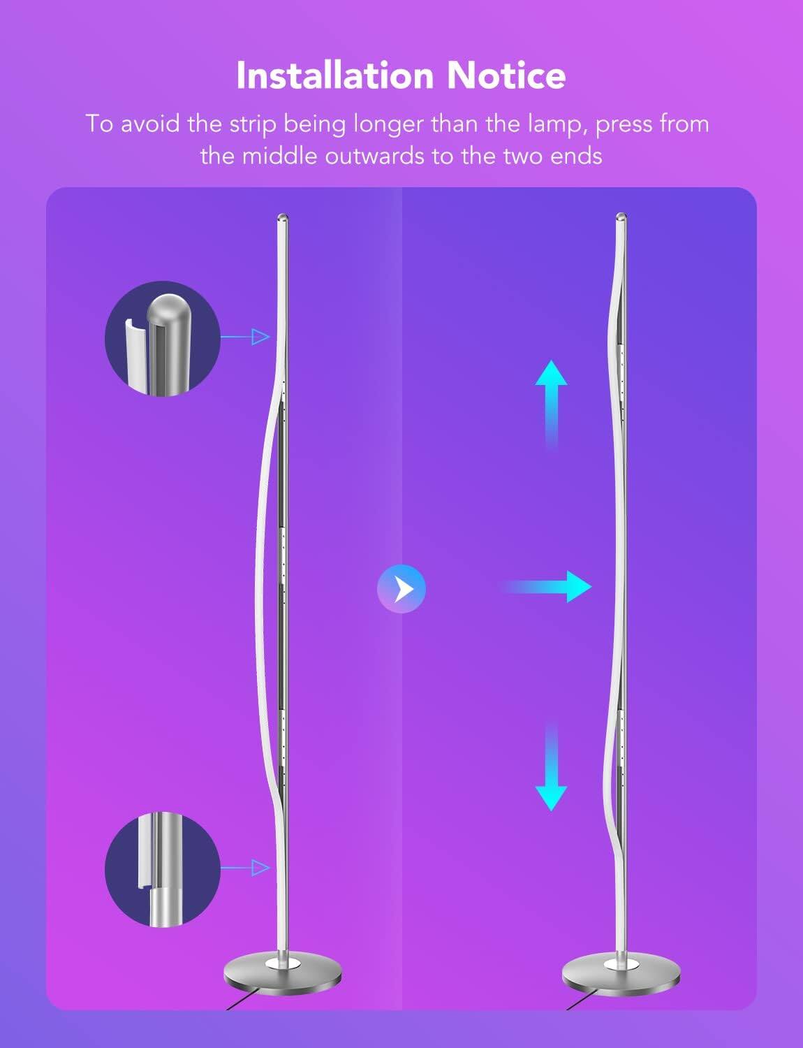 Installation Notice

To avoid the strip being longer than the lamp, press from the middle outwards to the two ends.