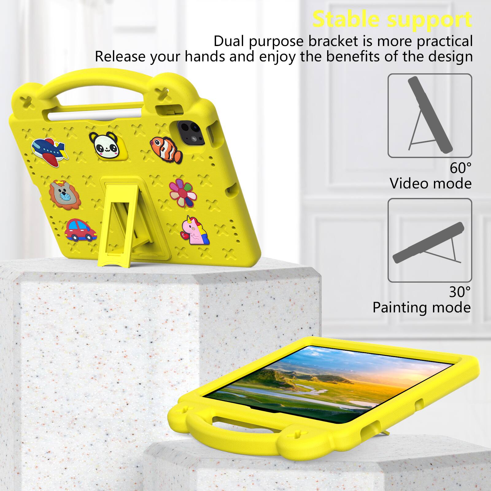 Stable support  
Dual purpose bracket is more practical  
Release your hands and enjoy the benefits of the design  

60° Video mode  
30° Painting mode