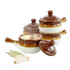 Front. Elama - Elama 4 Piece Long Handle 15 Ounce French Onion Soup Bowl with Lid - Brown, Taupe.