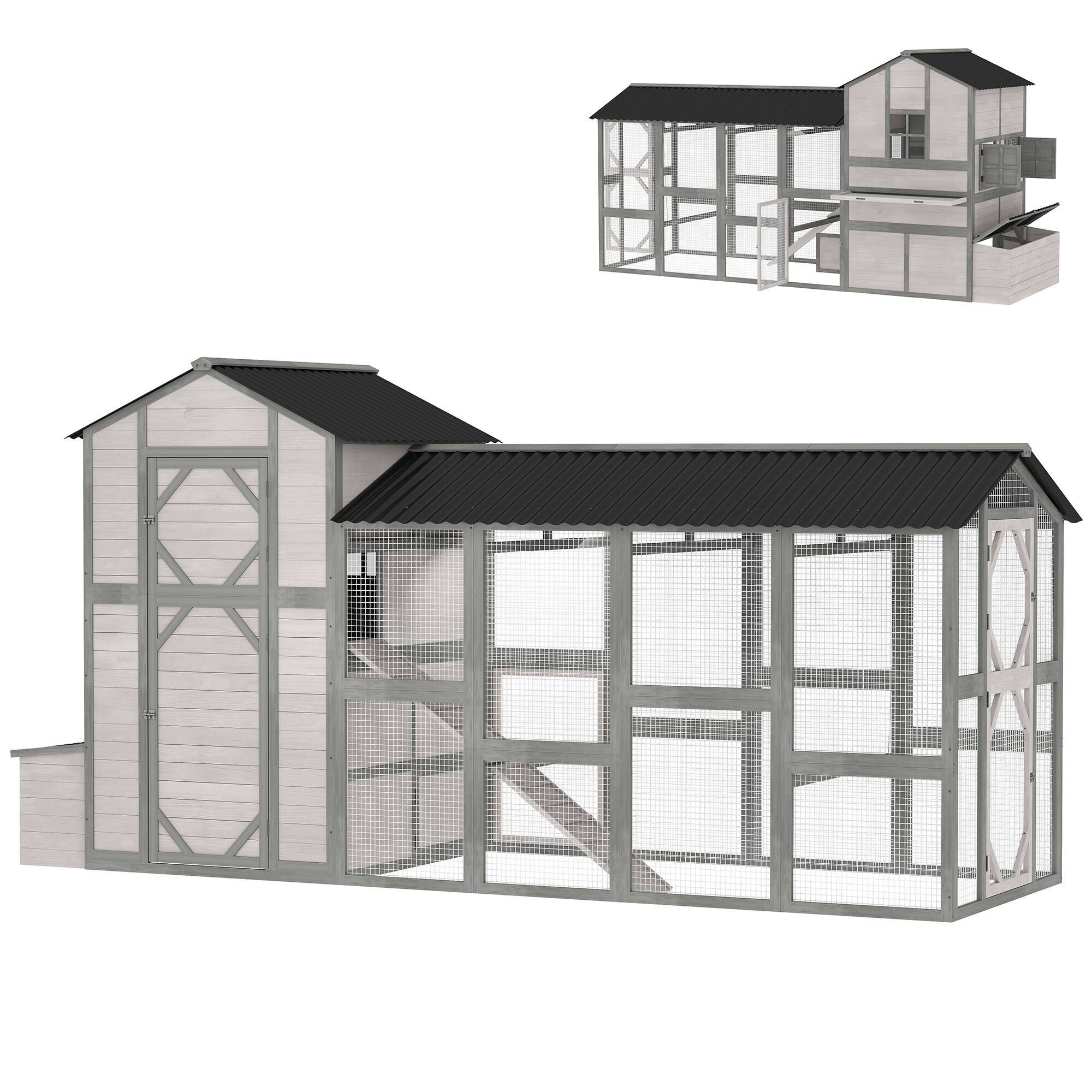 Pawhut - Extra Large Chicken Coop, Wooden Hen House for 8-10 Hens - Gray