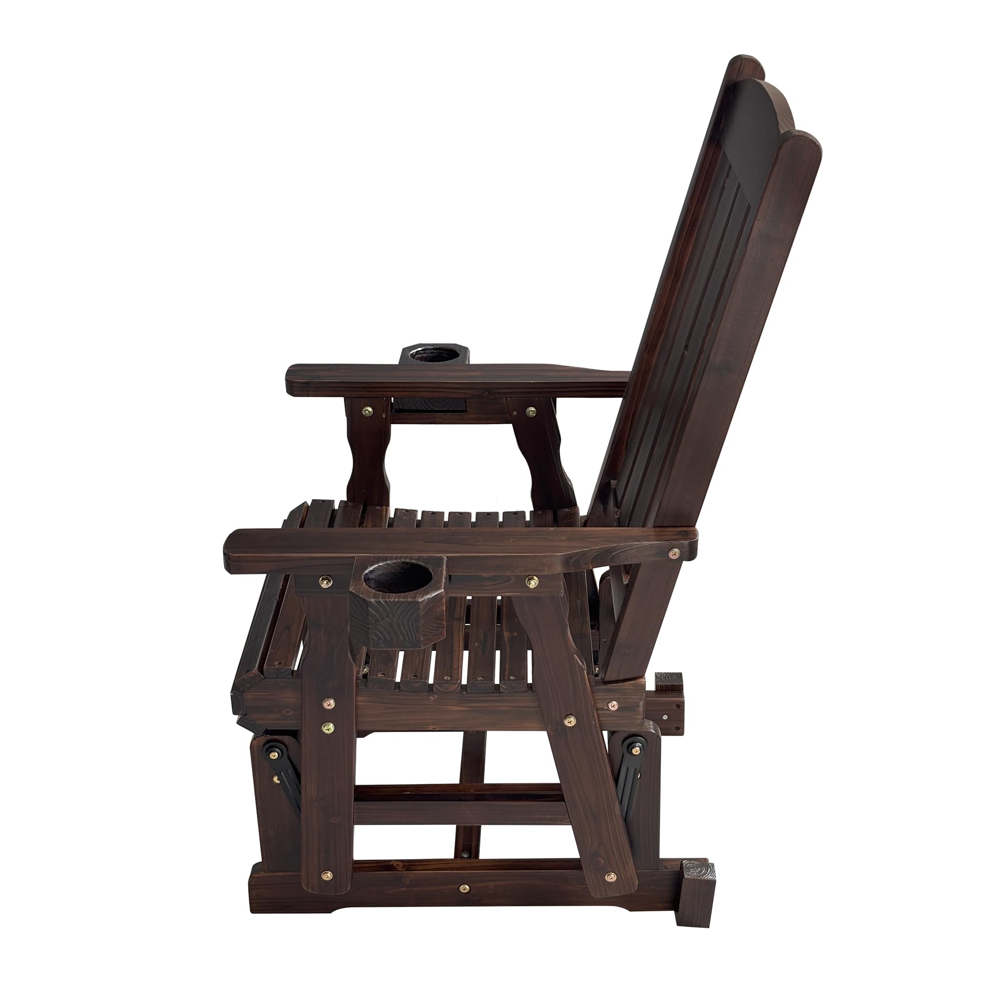 Left. Fortune Candy - Wooden Patio Glider for One Person, with High Back and Deep Contoured Seat, Solid Fir Wood, Heavy Duty 600 LBS - Deep Brown.