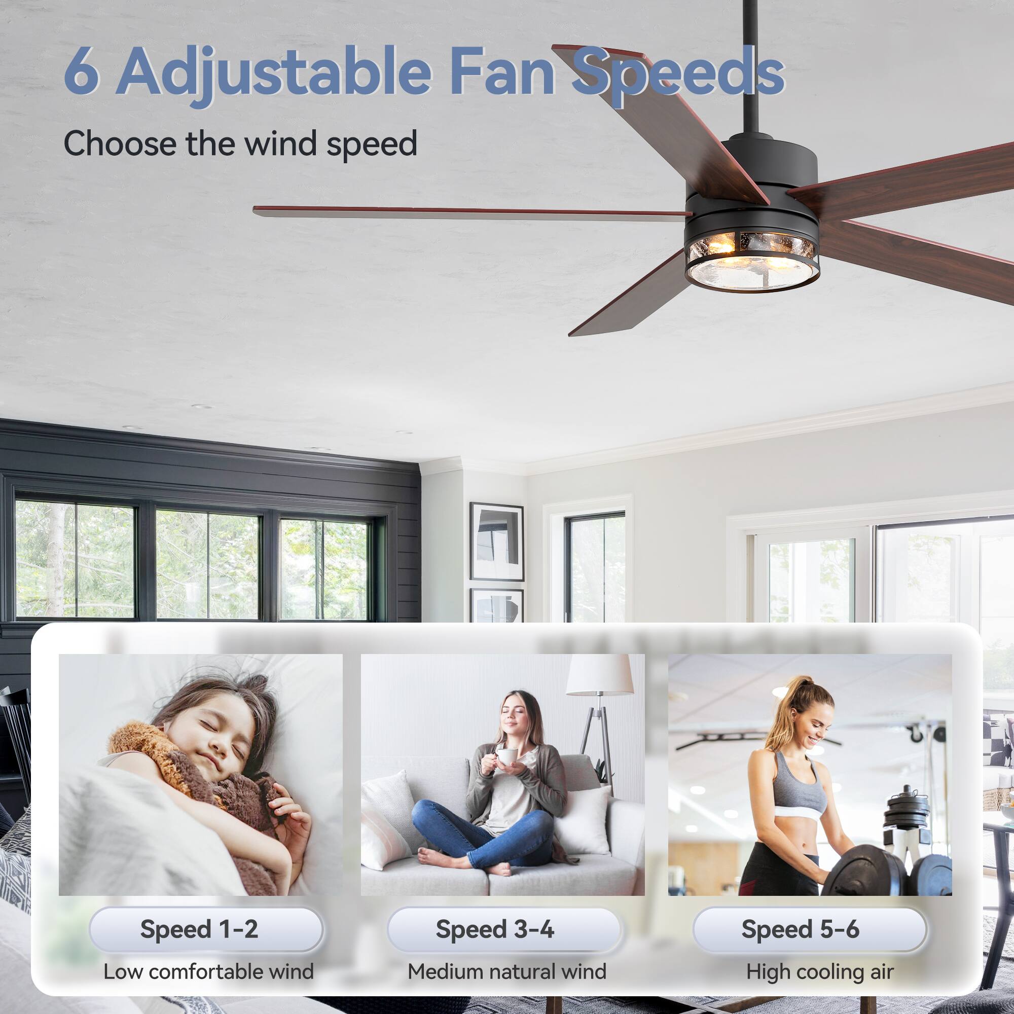 6 Adjustable Fan Speeds

Choose the wind speed

Speed 1-2 Low comfortable wind

Speed 3-4 Medium natural wind

Speed 5-6 High cooling air