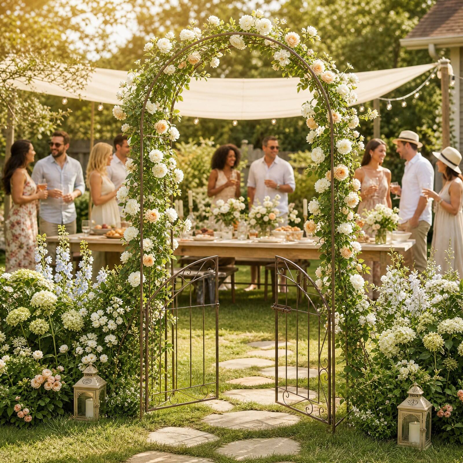 Alt View 1. Costway - Costway 79" Metal Garden Arch with Gate, Heavy Duty Arbor Trellis with 4 Stakes - Bronze.