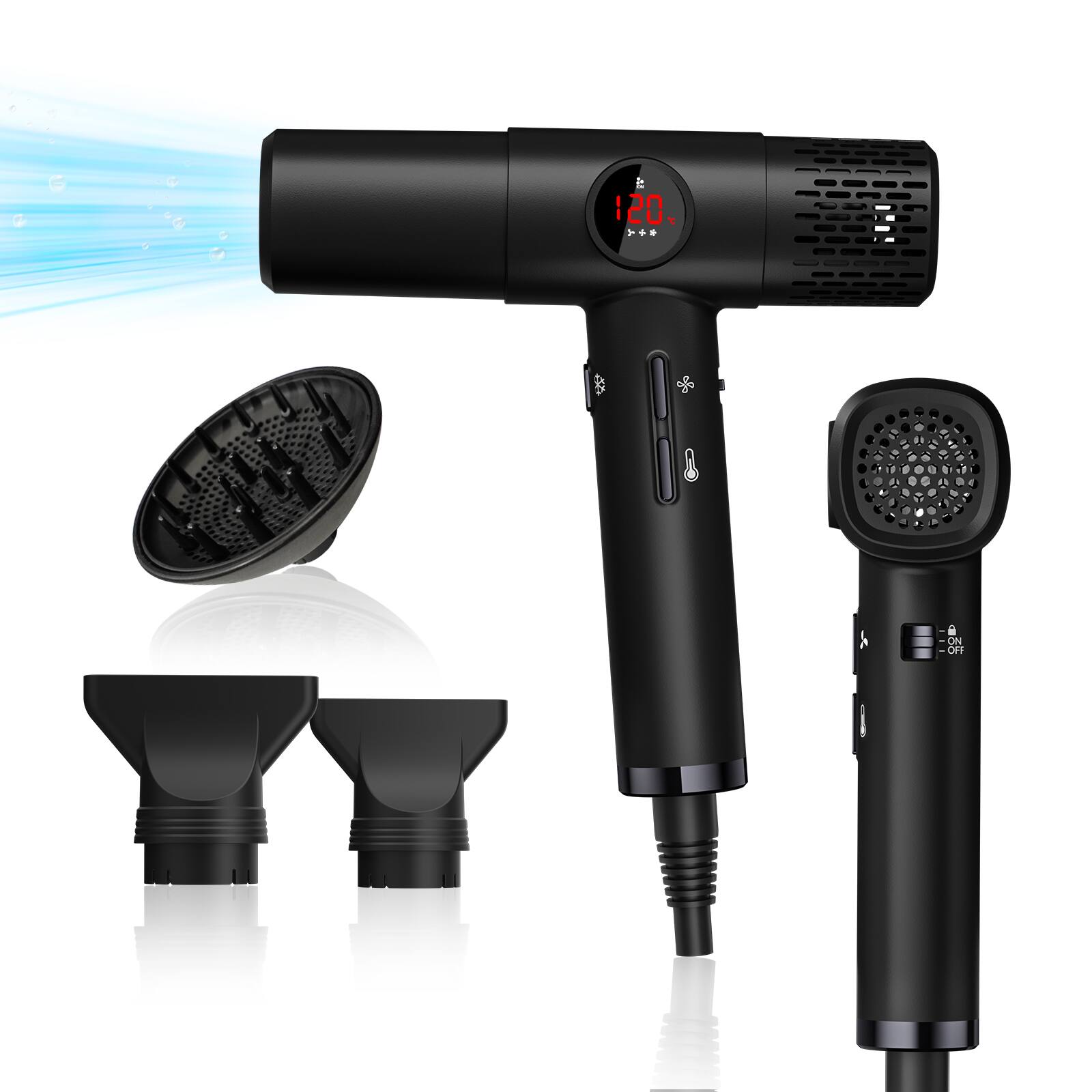 Front. Cluzine - 1800W T-Shaped Hair Dryer, Negative Ionic Constant Temp 3-Speed Rotating Air Nozzle - Elegant black.
