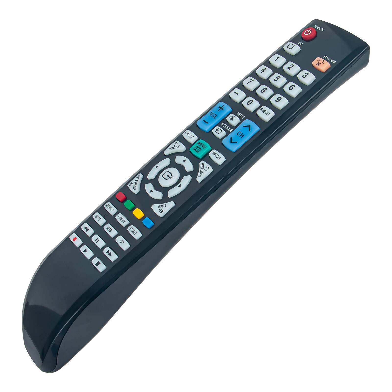 POWER  
0  
STERT  
SATEM  
INFO  
CONTENT  
S.JN  
PSIZE  
II  
CC  
0  
TV  
1  
2  
3  
4  
5  
6  
7  
8  
9  
-  
O  
9  
+  
PRE-CH  
VOL  
MUTE  
CH  
SOURCE  
DILST  
CH  
c  
MENU  
TOOLS  
I  
FAVCH  
Q  
RETURN  
EXTT  
O  
ONOFF