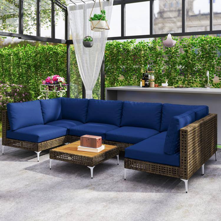 Alt View 3. PULUZ - 7 Piece Wicker Patio Furniture Set, Modular Outdoor Sectional with Thickened Cushions, Acacia Wood Table - Brown/Blue.