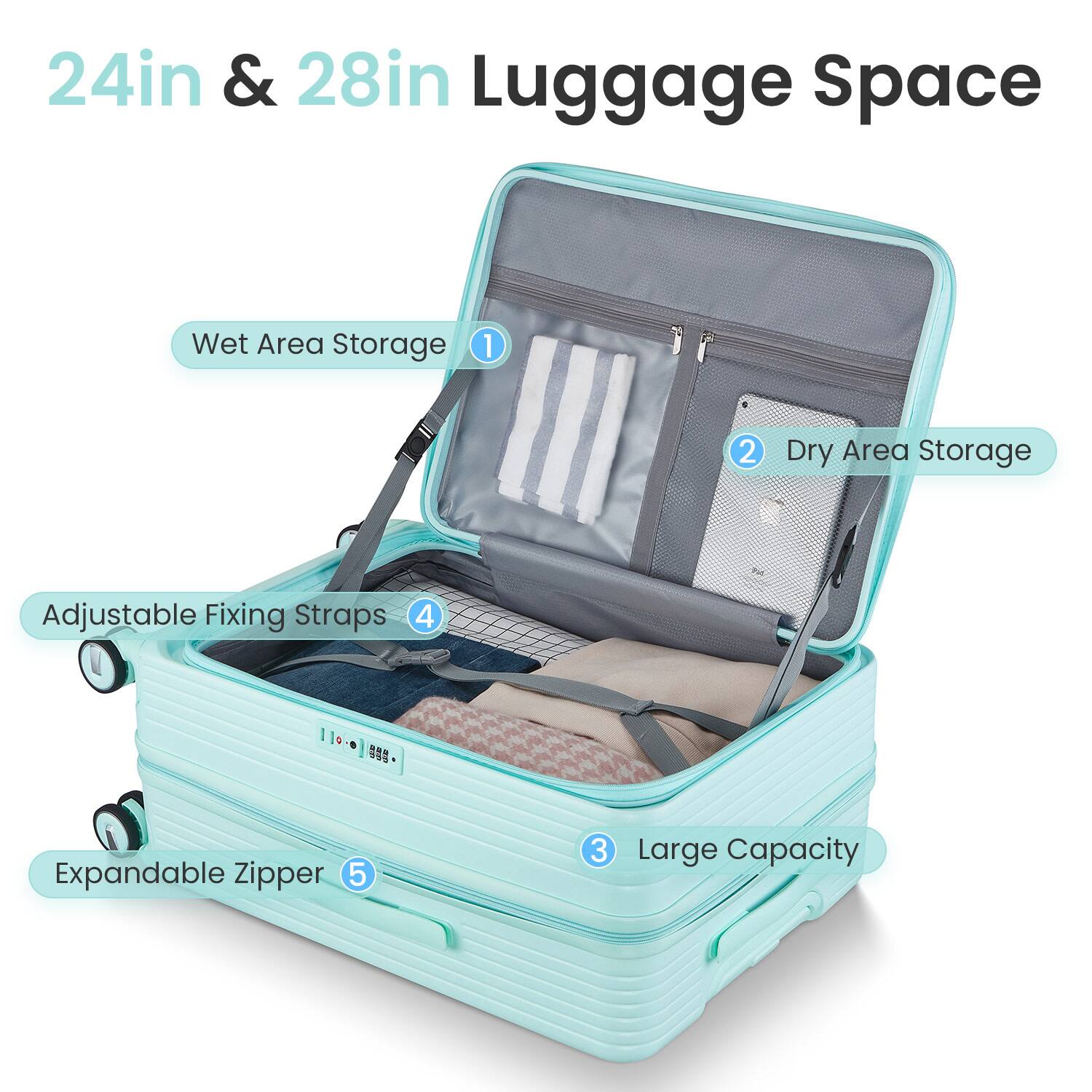 24in & 28in Luggage Space

1. Wet Area Storage
2. Dry Area Storage
3. Large Capacity
4. Adjustable Fixing Straps
5. Expandable Zipper
