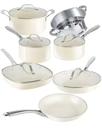 Front. Gotham Steel - Gotham Steel Cream 12-Piece Ultra Nonstick Ceramic Cookware Set with Stay Cool Handles - Cream.
