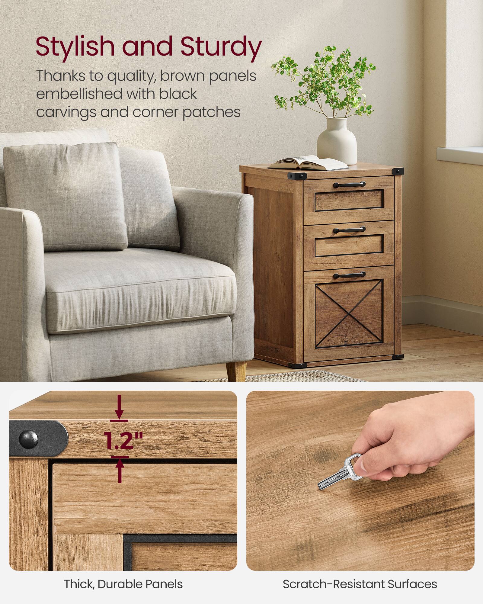Stylish and Sturdy  
Thanks to quality, brown panels embellished with black carvings and corner patches  

1.2" Thick, Durable Panels  
Scratch-Resistant Surfaces