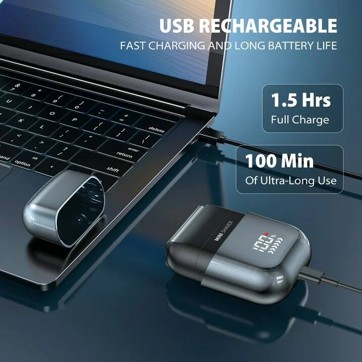 USB RECHARGEABLE  
FAST CHARGING AND LONG BATTERY LIFE  

1.5 Hrs Full Charge  
100 Min Of Ultra-Long Use  

SHAVER MINI