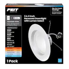 FEIT ELECTRIC 5 & 6 inch Recessed Downlight with Lumen Select Adjustable White
- Select with Wall Switch or Preset on Fixture
- Fits 5 & 6 Inch Housings
- E26 Standard Base Adapter Included
- Adjustable Lumens
- 1290 Lumens Uses only 14.3W
- 1025 Lumens Uses only 11.3W
- 850 Lumens Uses only 9.4W
- High Lumen Dimmable
- Lasts 45 Years
- Soft White 2700K
- Bright White 3000K
- Neutral White 3500K
- Cool White 4000K
- Daylight 5000K
- 1 Pack
ENERGY STAR