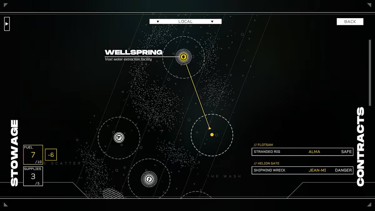 LOCAL BACK WELLSPRING Vast water extraction facility FUEL STOWAGE SUPPLIES 7 3 /5 /10 E -6 SCATTER THE WASH // FLOTSAM STRANDED RIG // HELION GATE SHIPMIND WRECK ALMA JEAN-MI DANGER SAFE CONTRACTS