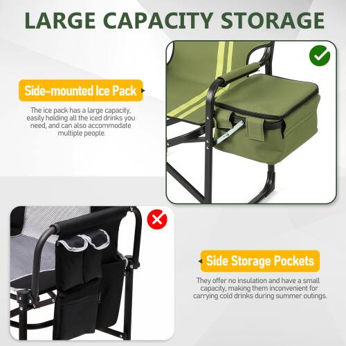 LARGE CAPACITY STORAGE

Side-mounted Ice Pack
The ice pack has a large capacity, easily holding all the iced drinks you need, and can also accommodate multiple people.

Side Storage Pockets
They offer no insulation and have a small capacity, making them inconvenient for carrying cold drinks during summer outings.