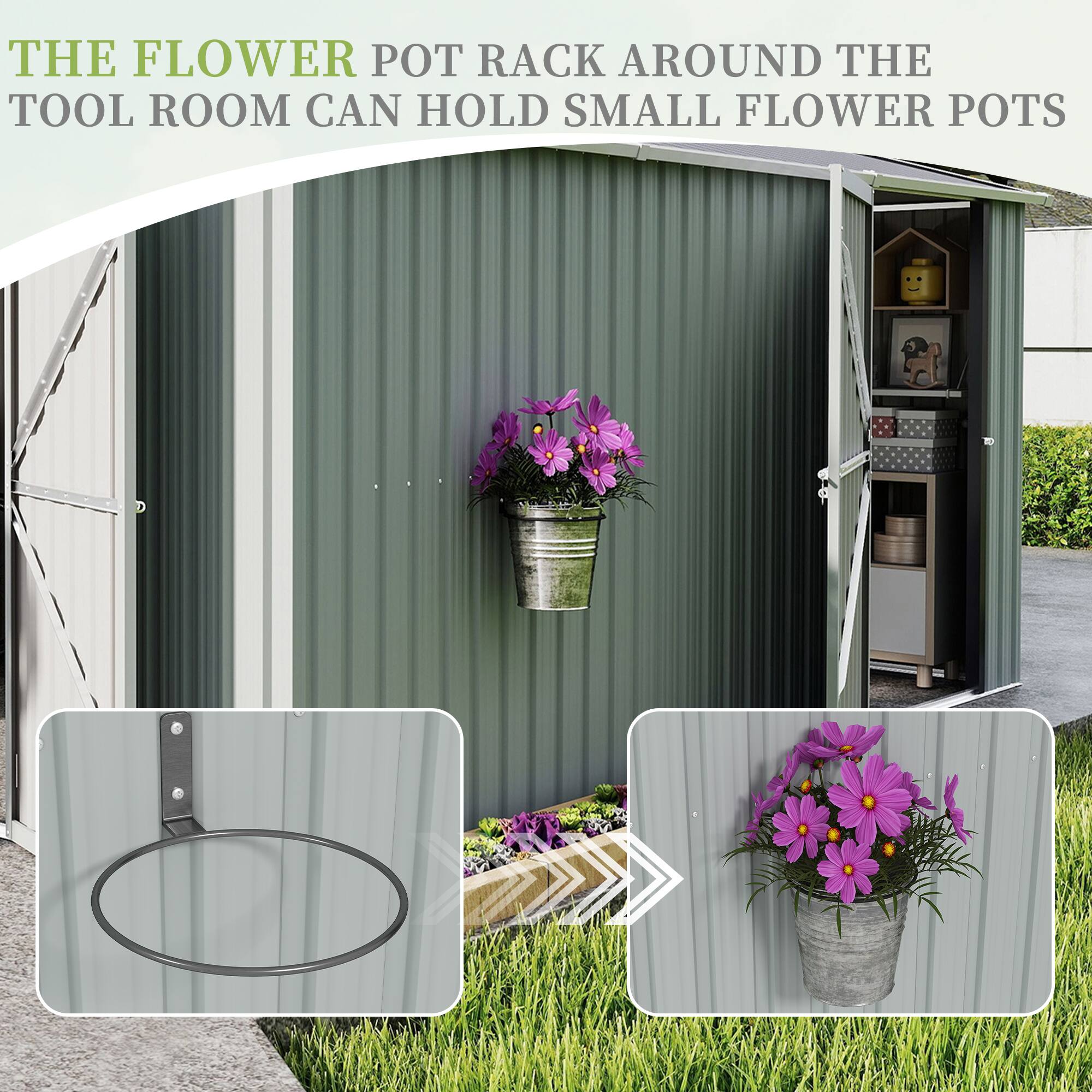 The flower pot rack around the tool room can hold small flower pots.