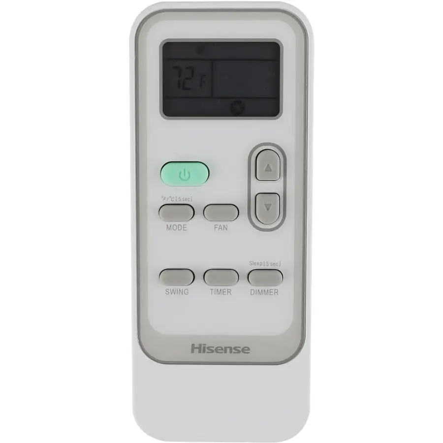 The text on the image reads: "12 F/cl5 16 sec] MODE FAN Sleep [5 [5 sec] | SWING TIMER DIMMER Hisense." This text is describing a white device with a clock on it, which is a Hisense fan. The device has a timer function and a swing function, and it can be used to control the fan's speed and brightness. The device is designed to provide comfort and convenience for the user.