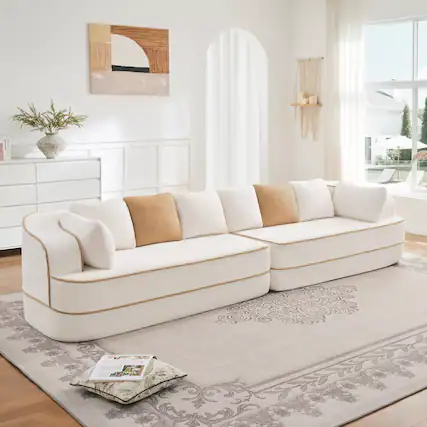 Front. Aukfa - 135" Oversized 4 Seats Fluffy Comfy Couch Teddy Fabric Modular Sofa for Living Room - White.