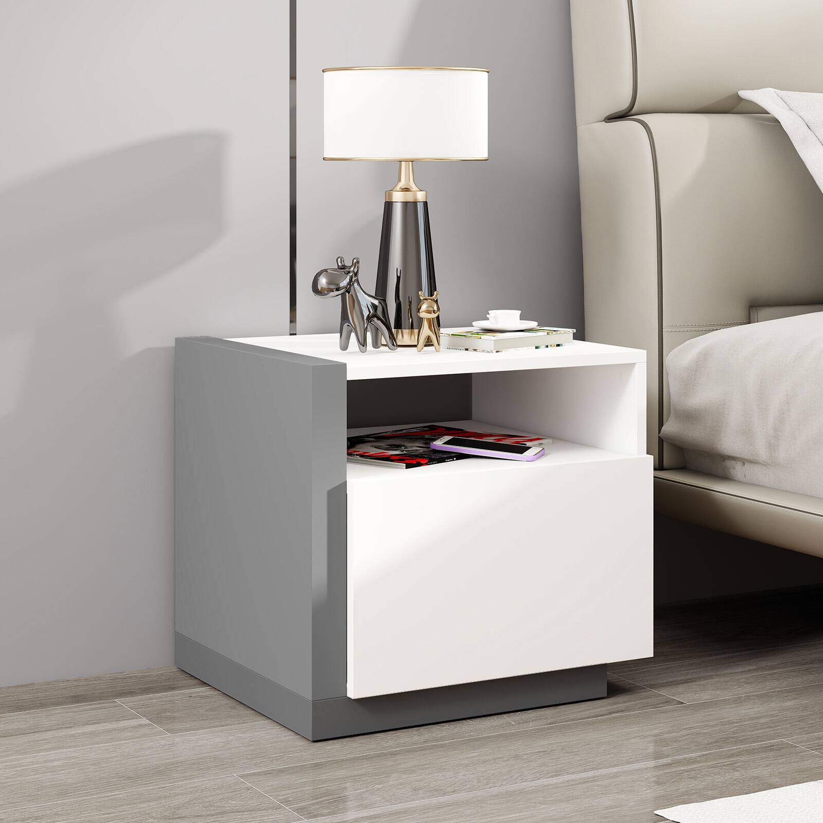 Alt View 4. Gymax - Gymax Modern Minimalist Nightstand w/ Drawer Asymmetrical Bed Side Table End Table - White, Grey.