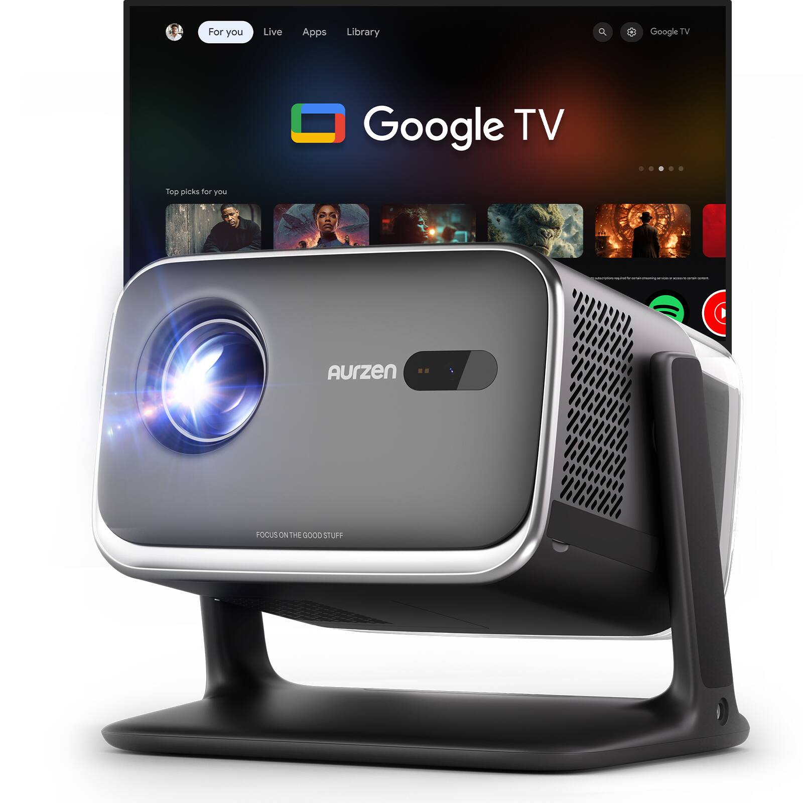 Aurzen - Smart Projector, Built-in Google TV, 20W Visible Speakers, DoIby Audio, TOF Auto Focus, 500 ANSI Lumens - Black