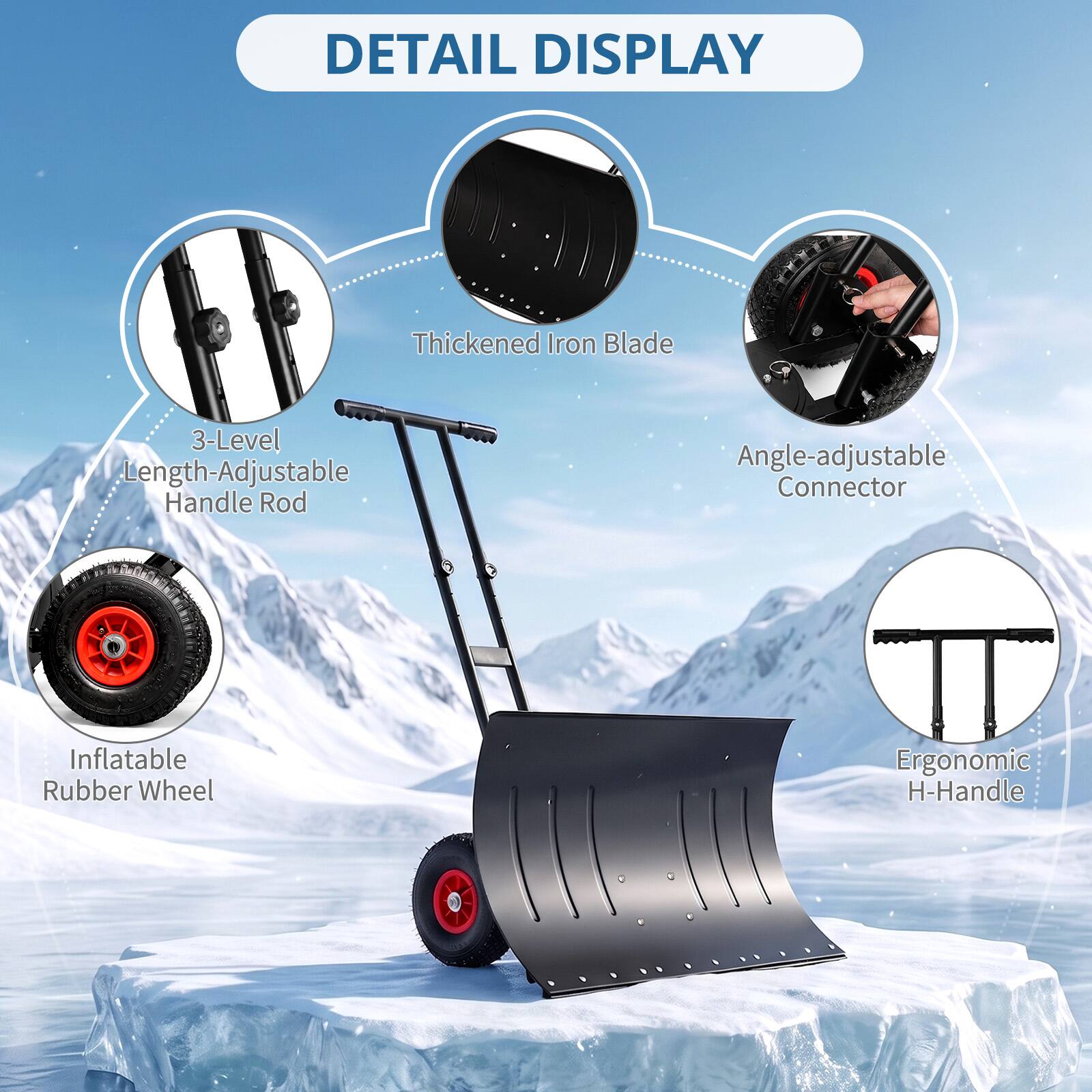 DETAIL DISPLAY

- Thickened Iron Blade
- 3-Level Length-Adjustable Handle Rod
- Angle-adjustable Connector
- Inflatable Rubber Wheel
- Ergonomic H-Handle