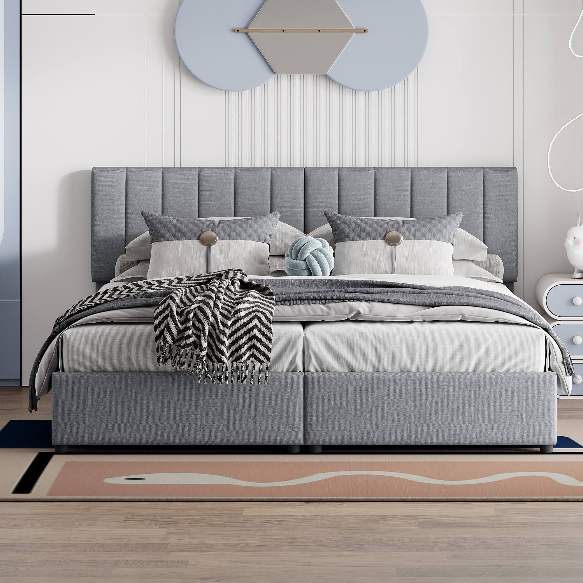 Left. Tiramisubest - King Size Upholstered Platform Bed with a Hydraulic Storage System, Gray - Gray.