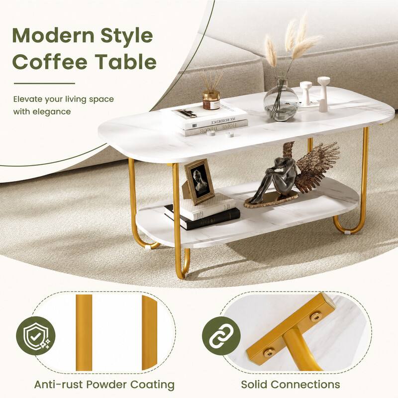 WELLFOR Modern 2 Tier Coffee Table with Faux Marble Top, Center Table ...