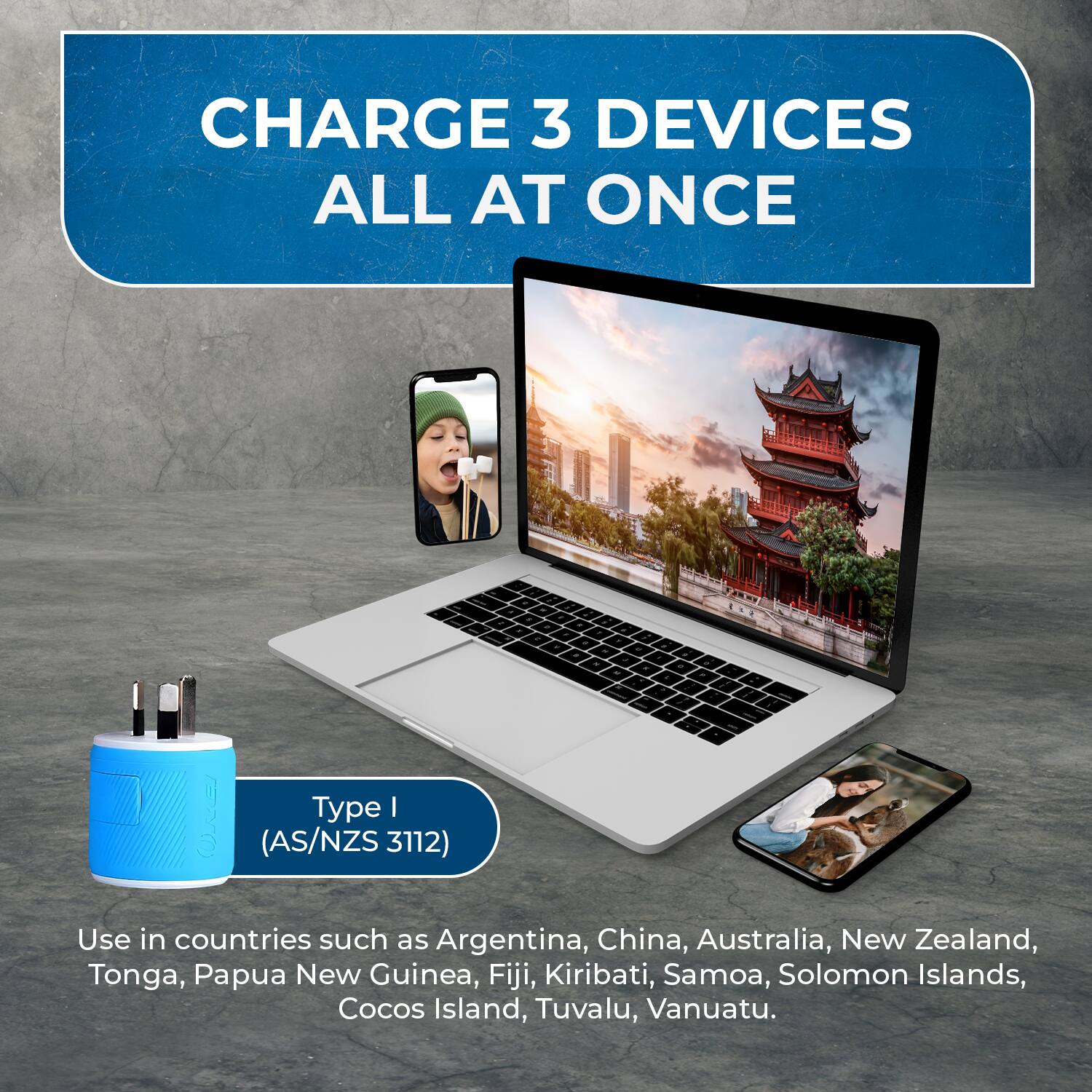 CHARGE 3 DEVICES ALL AT ONCE

Type I (AS/NZS 3112)

Use in countries such as Argentina, China, Australia, New Zealand, Tonga, Papua New Guinea, Fiji, Kiribati, Samoa, Solomon Islands, Cocos Island, Tuvalu, Vanuatu.