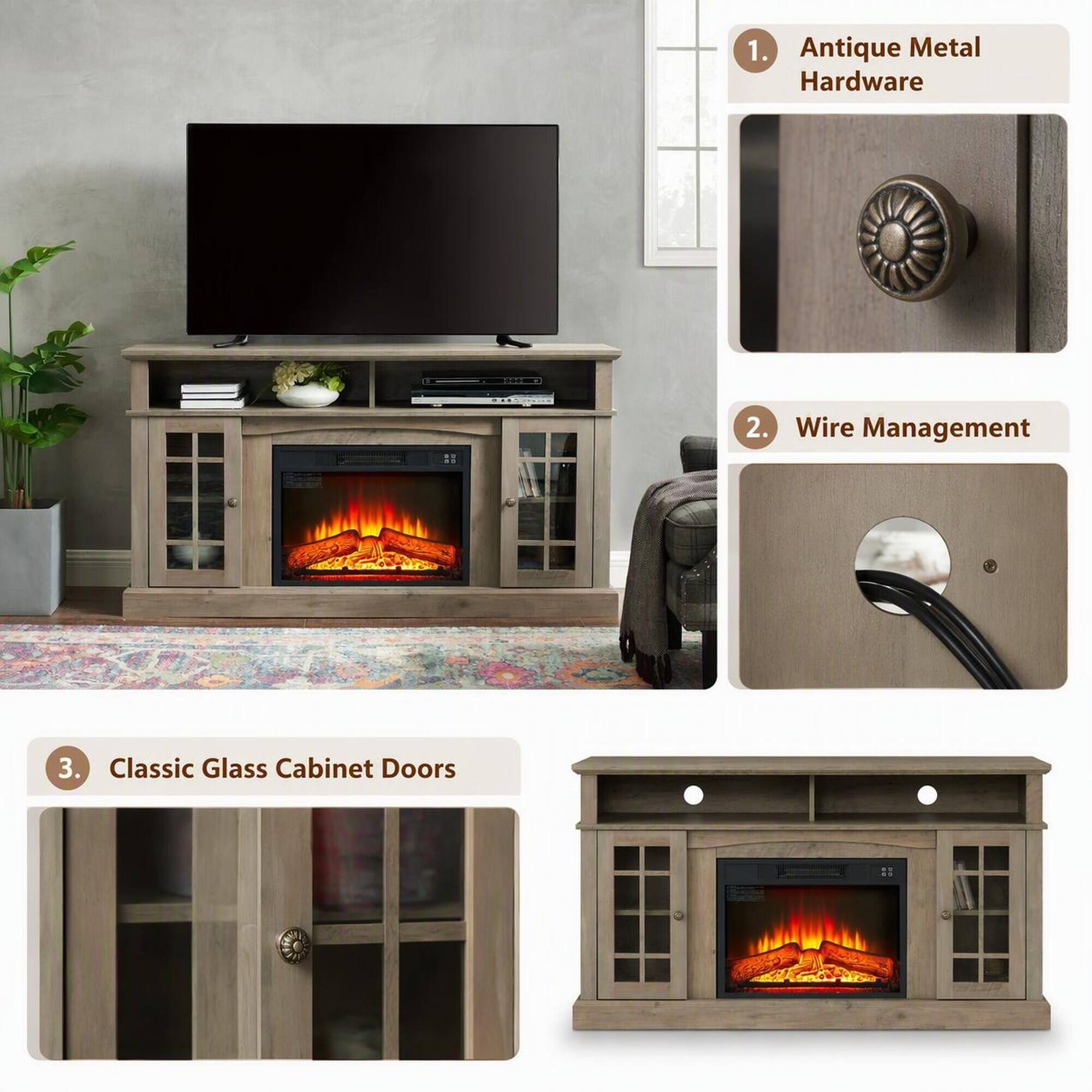 1. Antique Metal Hardware
2. Wire Management
3. Classic Glass Cabinet Doors