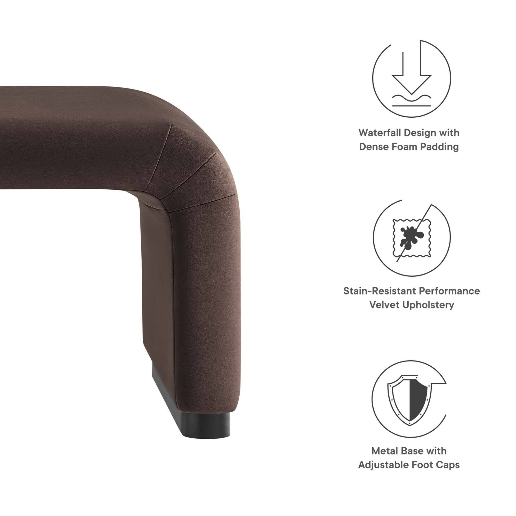 Waterfall Design with Dense Foam Padding  
Stain-Resistant Performance Velvet Upholstery  
Metal Base with Adjustable Foot Caps
