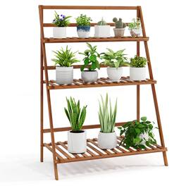 Costway - 3 Tier Folding Shelf Stand Bamboo Flower Pot Display Rack Bookcase Organizer - Brown