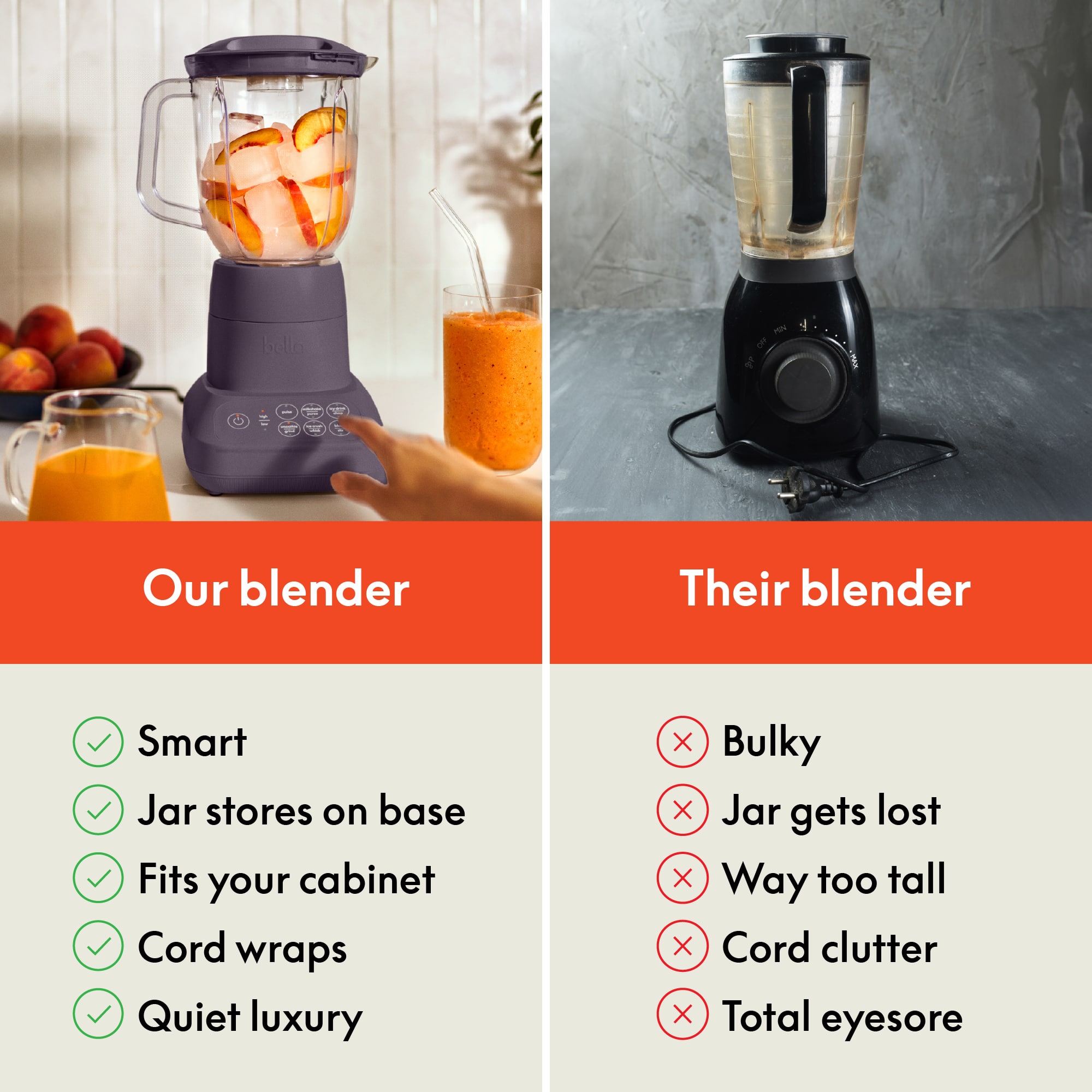 **Our blender**
- Smart
- Jar stores on base
- Fits your cabinet
- Cord wraps
- Quiet luxury
**Their blender**
- Bulky
- Jar gets lost
- Way too tall
- Cord clutter
- Total eyesore