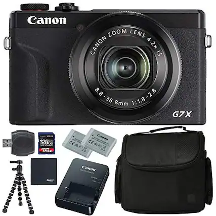 Canon Zoom Lens Canon 4.2x IS 8.8-36.8mm 1:1.8-2.8
Canon G7X
128GB SD Card
Canon Battery
Canon Charger
Canon Carrying Case
Zoom Speed Operated
Canon CE CEADE