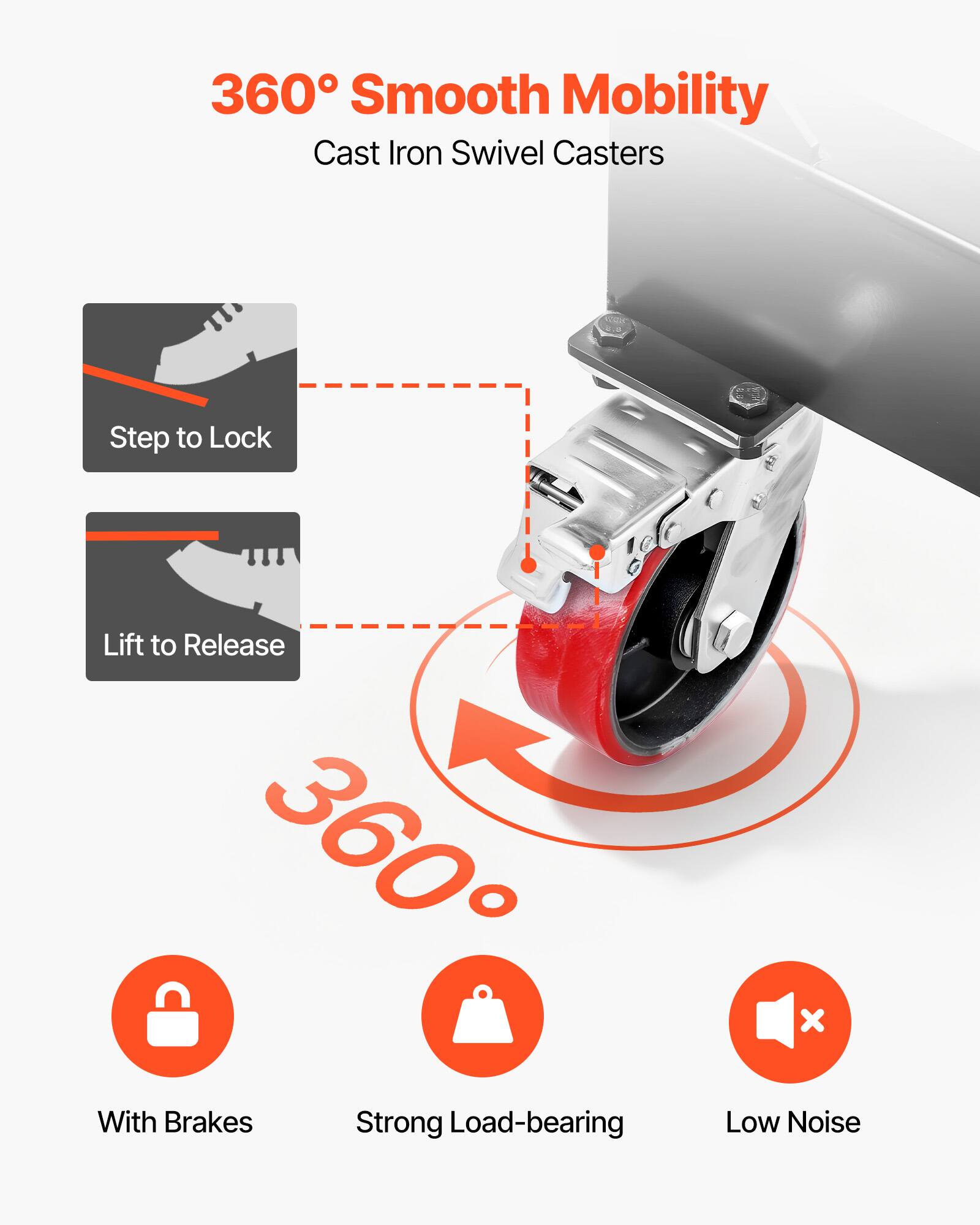 360° Smooth Mobility  
Cast Iron Swivel Casters  
Step to Lock  
Lift to Release  
With Brakes  
Strong Load-bearing  
Low Noise