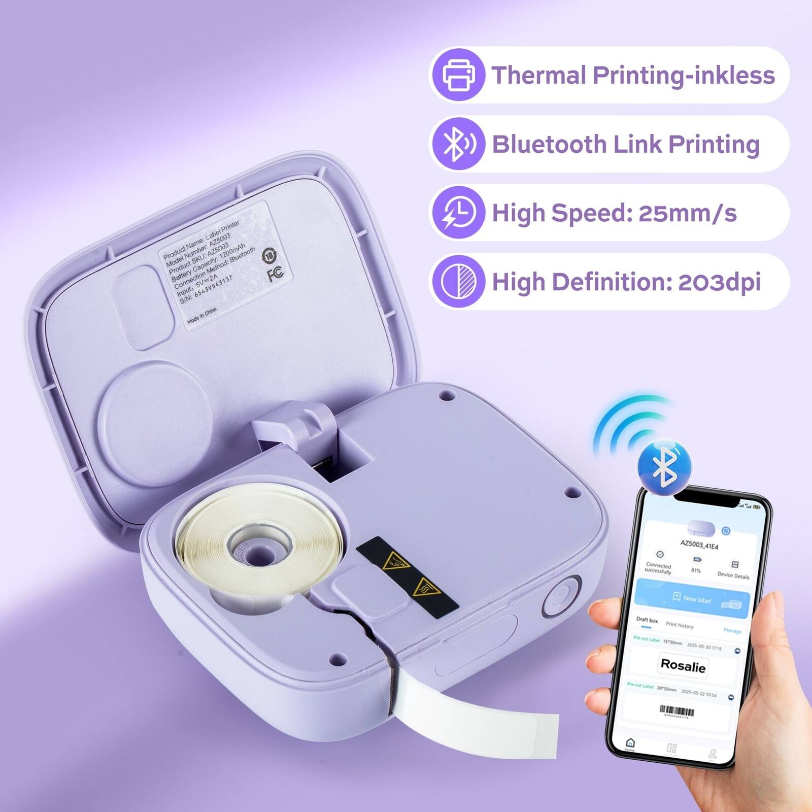 Thermal Printing-inkless  
Bluetooth Link Printing  
High Speed: 25mm/s  
High Definition: 203dpi  

Product Name: LAB CENTER  
Product Number: SALE 1200n  
Model Number: SK-4200  
Battery: 3.7V 2000mAh  
Connection: Bluetooth  
FC: SVZA  
SN: 6549243151  

Rosalie