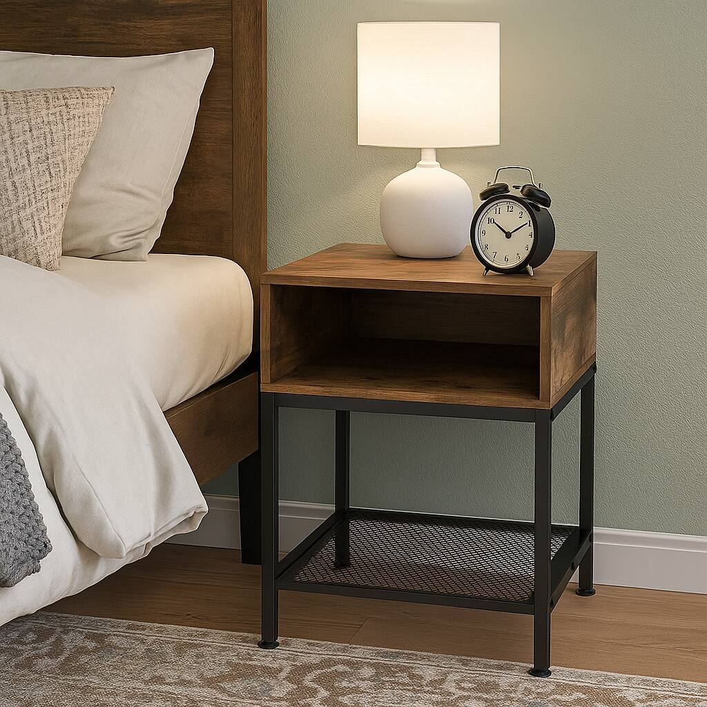 Front. Hivvago - Accent Table with Mesh Shelf and Industrial Look - Rustic Brown.
