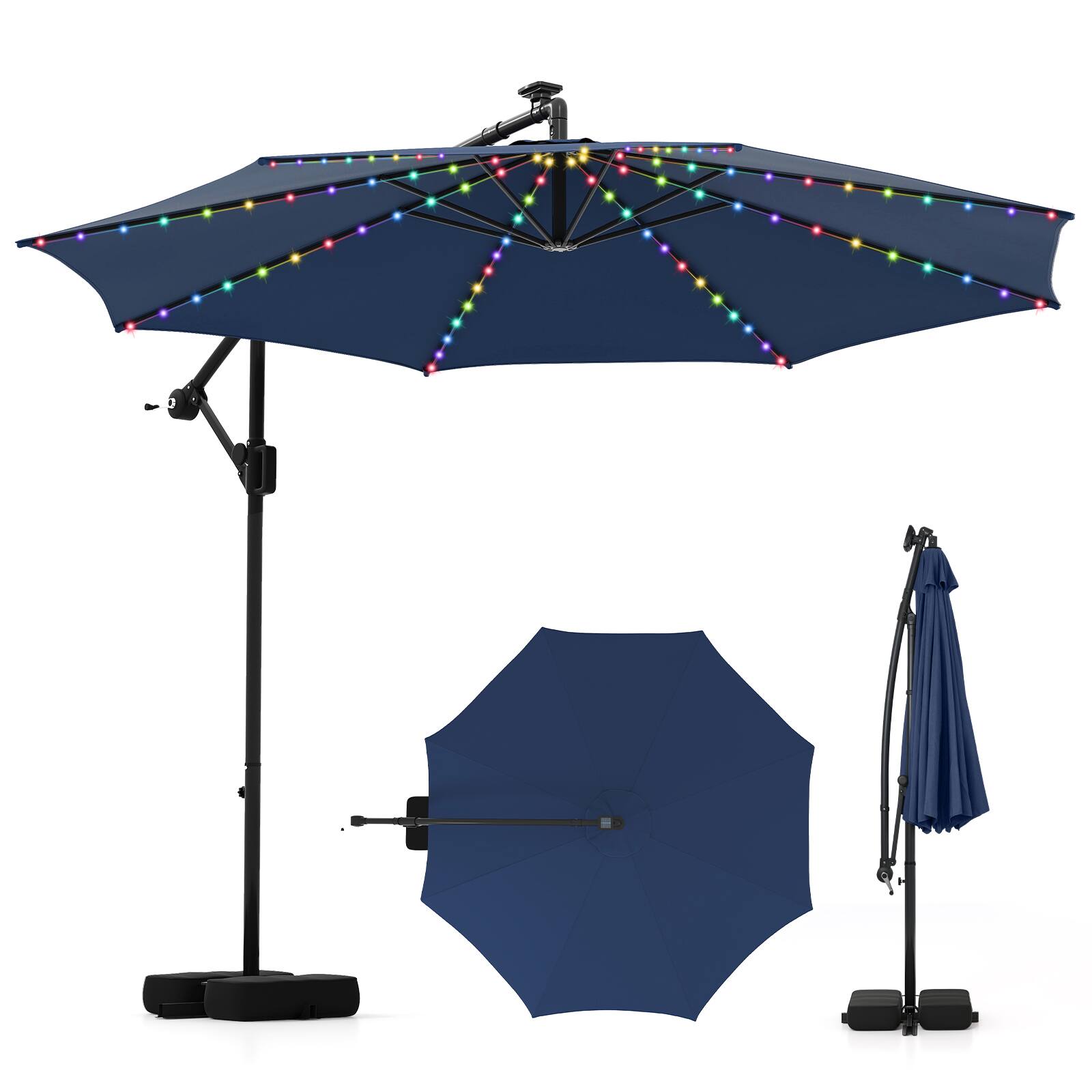 Costway - 10 FT Solar Offset Hanging Umbrella with 96 Solar Multi-colored Flowing LED Lights - Blue